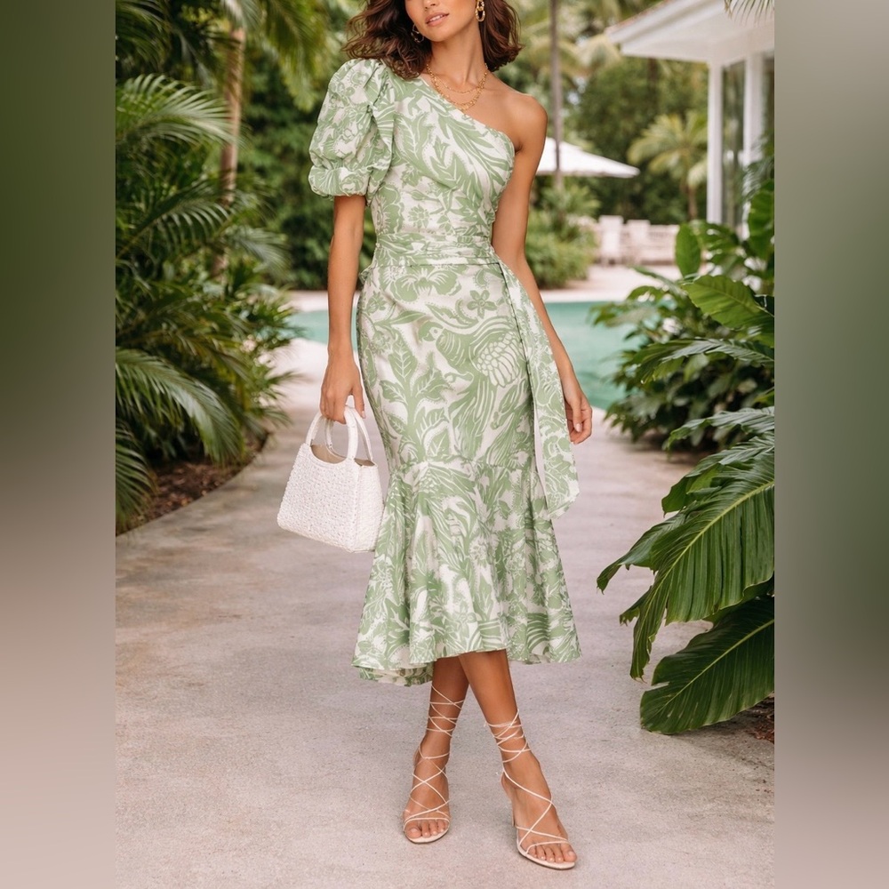 Johanna Ortiz One Shoulder Floral Midi Dress M Green Resort Luxury Designer$1600
